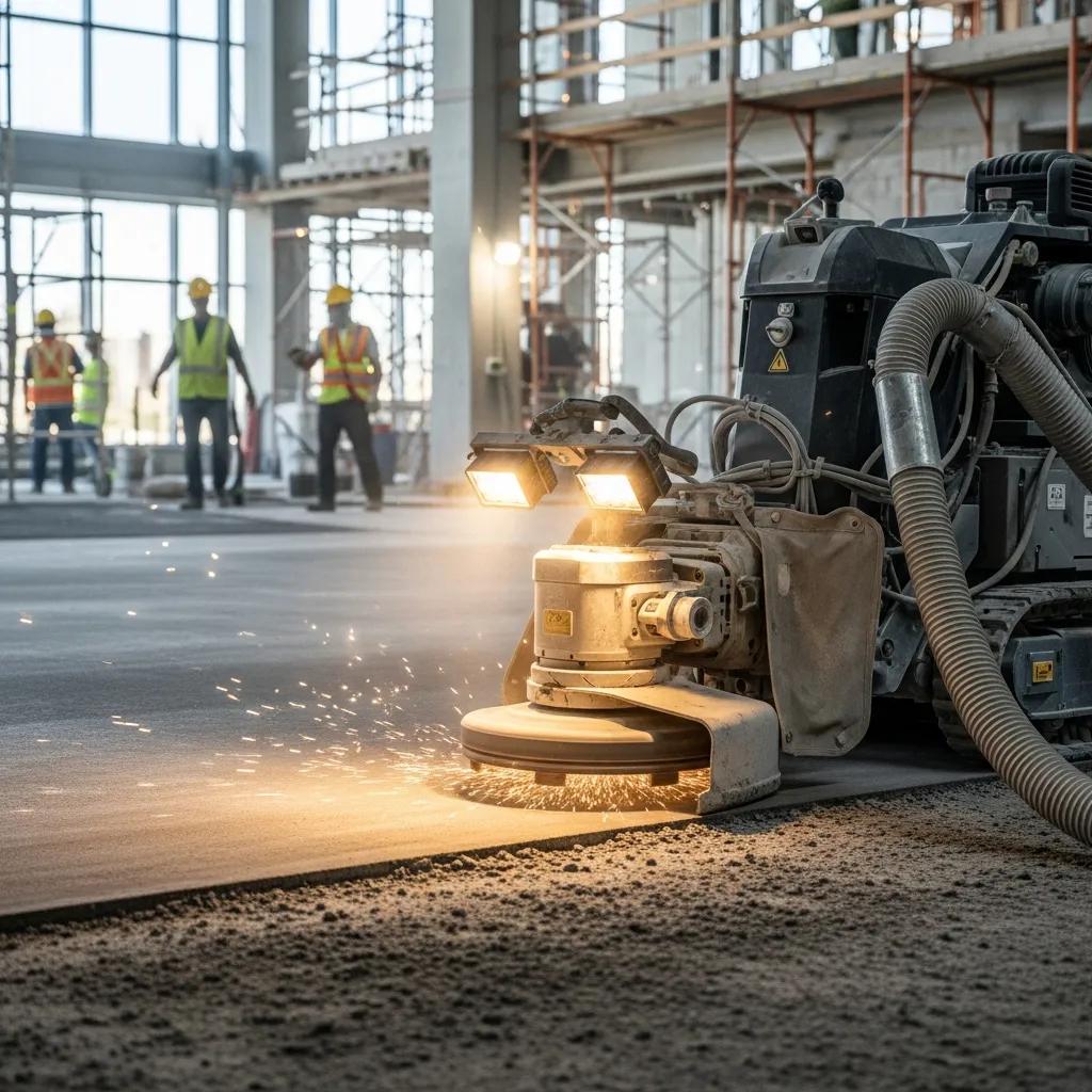 Concrete grinding equipment preparing a slab for flooring installation