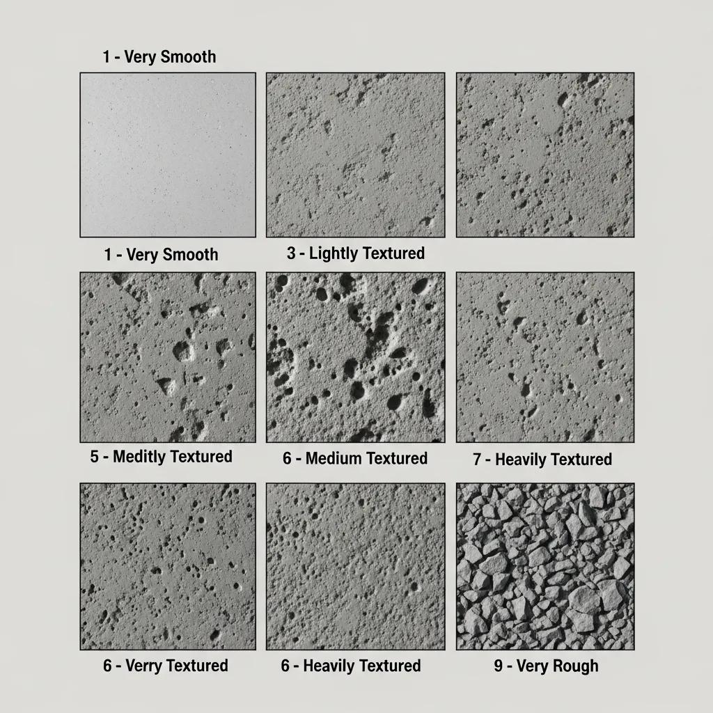 Diagram showing various concrete surface profiles and texture levels