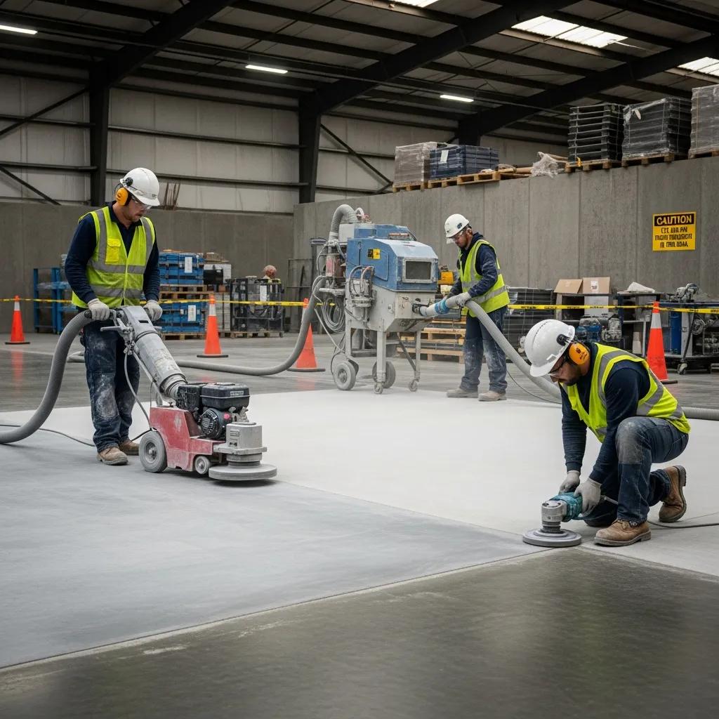 Professional concrete surface preparation team using advanced equipment in an industrial setting