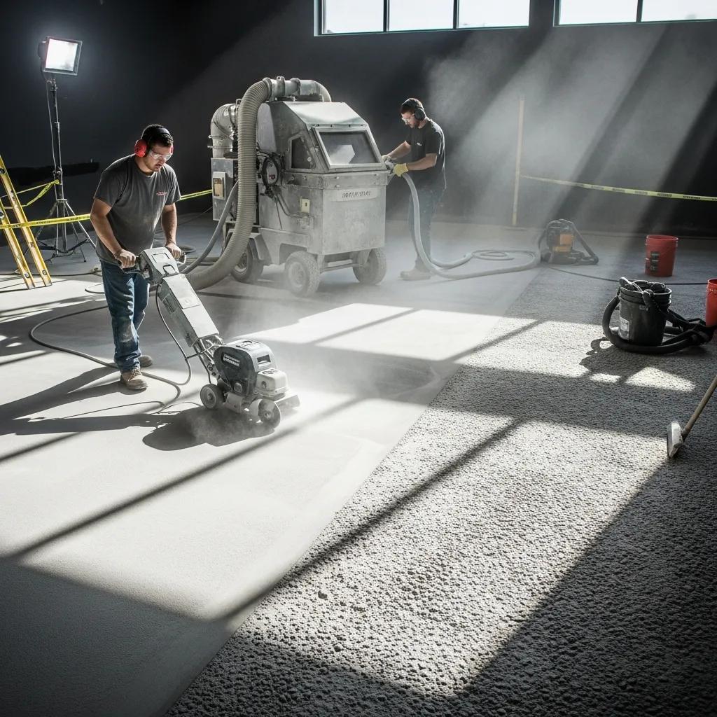 Professional contractor preparing concrete surface for flooring installation