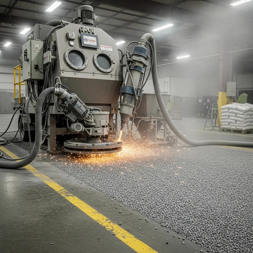 Shot blasting machine preparing a concrete floor to achieve the proper surface profile