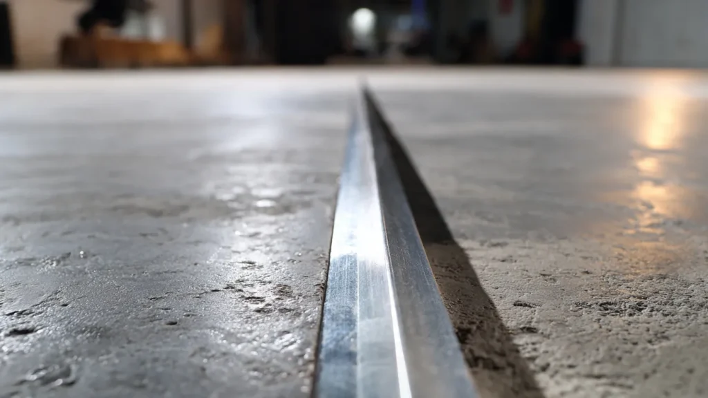 Close-up of a metal edge strip installed on a concrete floor, highlighting the smooth surface preparation essential for effective flooring installation and leveling services.