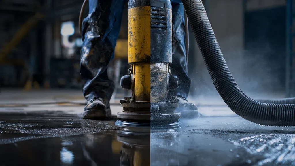 Concrete floor grinding equipment in action, with a worker's legs visible, showcasing dustless technology for effective surface preparation and epoxy removal.