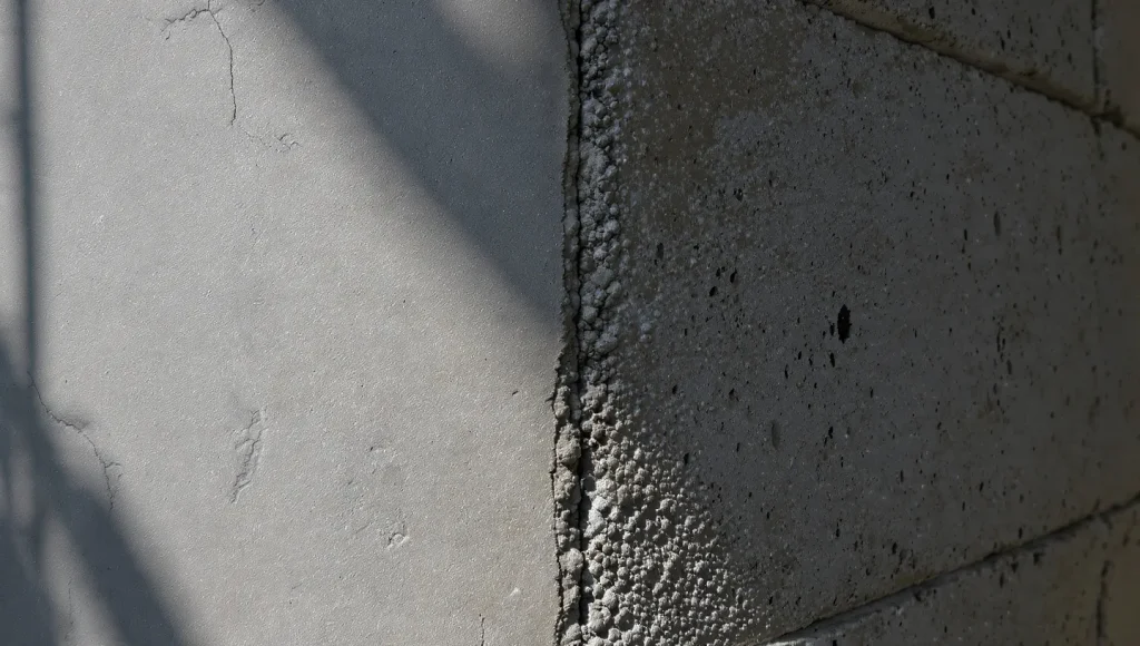 Concrete wall corner showing laitance and surface imperfections, emphasizing the need for proper surface preparation before flooring installation.
