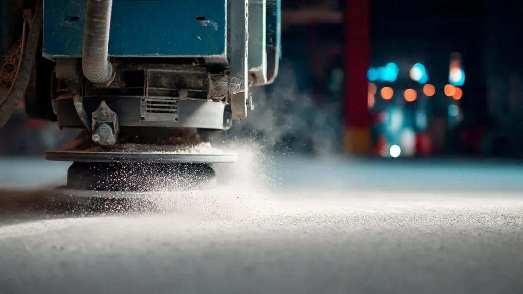 Industrial floor grinding machine in action, creating dust while smoothing concrete surface for optimal preparation before flooring installation.