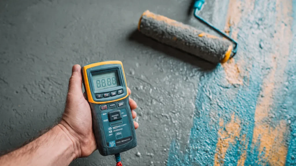 Moisture meter held by a hand measuring concrete surface moisture, with a paint roller in the background, illustrating concrete moisture testing for flooring preparation.