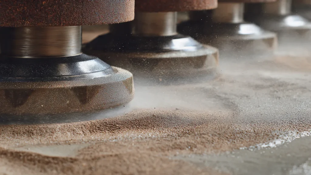 Industrial diamond floor grinding equipment in action, smoothing concrete surface and generating dustless finish for optimal surface preparation.