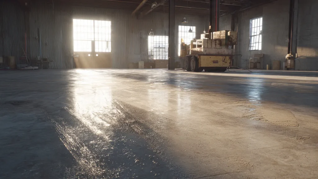 Warehouse interior with polished concrete floor, sunlight streaming through large windows, and industrial equipment in the background, highlighting the importance of concrete surface preparation for flooring durability.