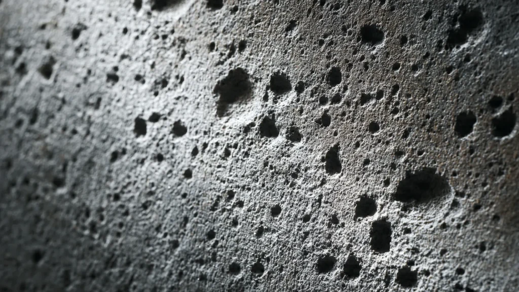 Close-up of a rough concrete surface with visible pitting and texture, illustrating the results of concrete shot blasting for effective surface preparation.