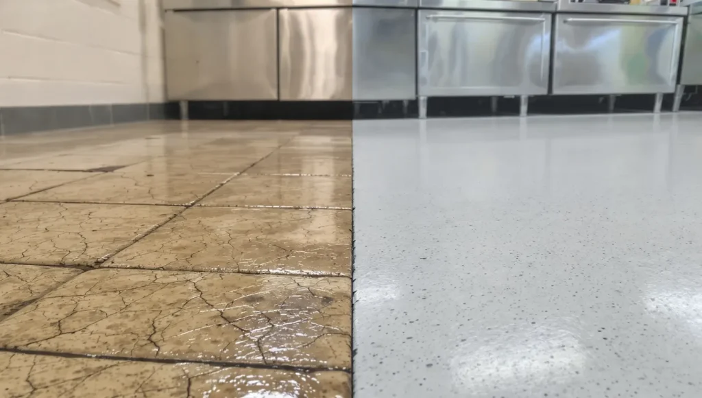 Floor comparison showing dirty, cracked tile on the left and clean, polished concrete on the right, illustrating effective surface preparation techniques for flooring installations.