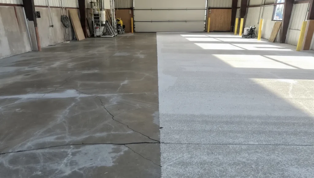 Concrete floor with visible cracks on the left side and a smooth, prepared surface on the right, illustrating the importance of surface preparation for flooring installations in Oklahoma City.