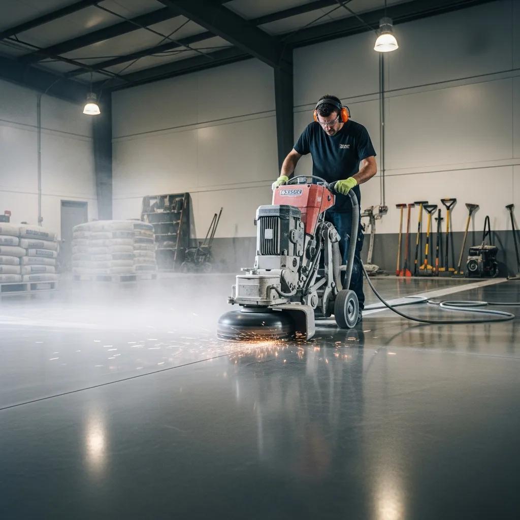 Concrete grinding machine preparing a polished concrete floor in an industrial setting