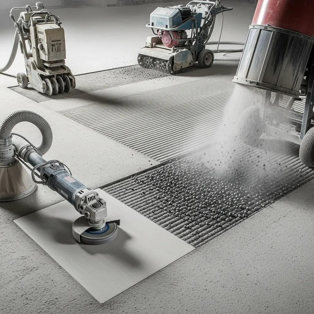 Different concrete surface preparation techniques including diamond grinding, shot blasting, and scarifying in action